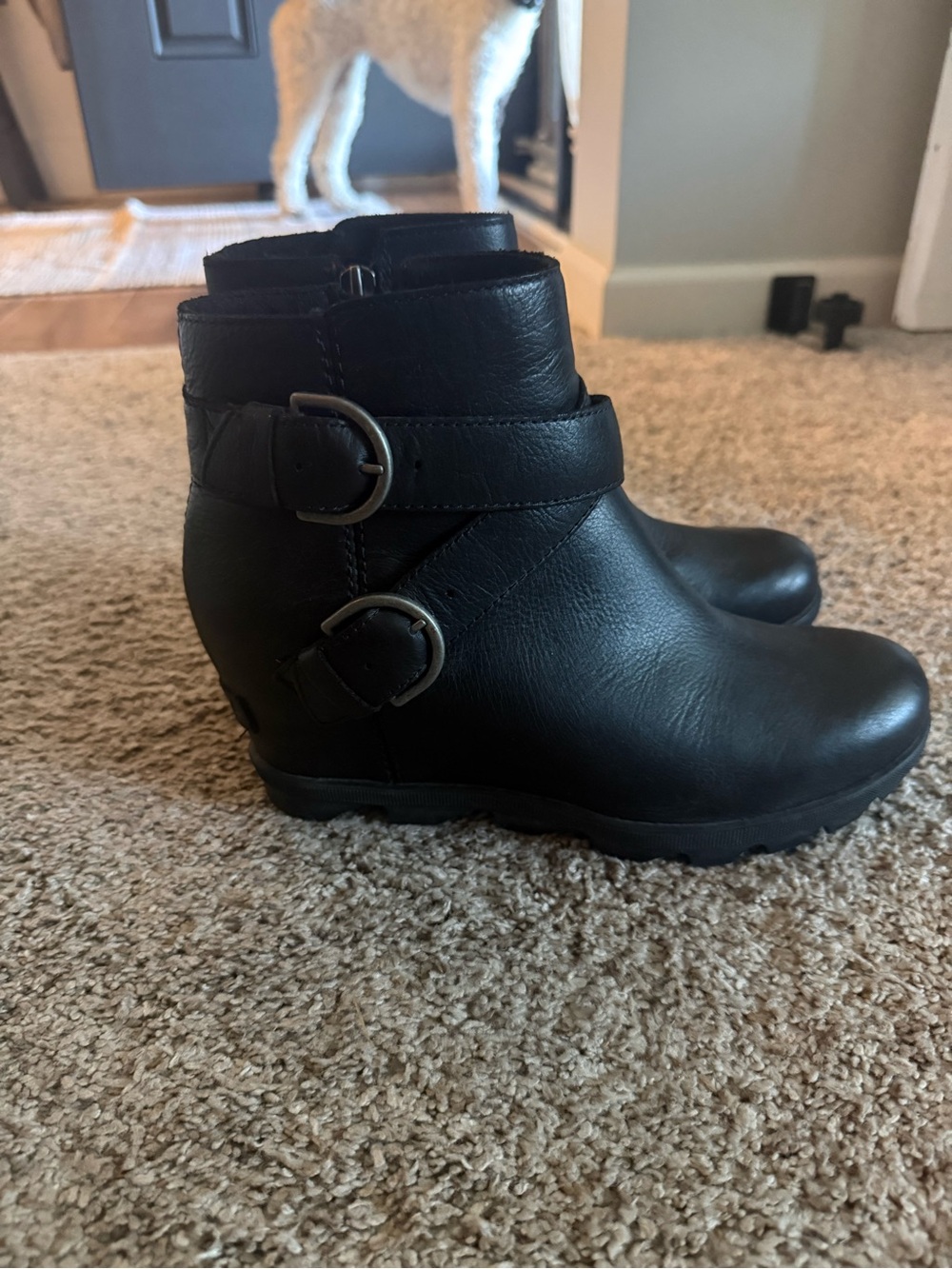 Sorel Black Leather Wedge Ankle Boots with Dual Buckles